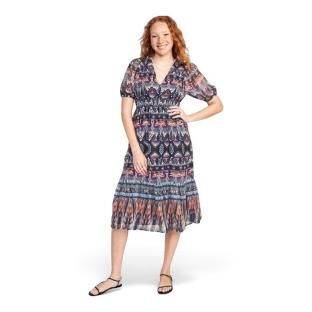 Old Navy V-Neck Midi‎ Waist Defined Geometric Dress  S Tall